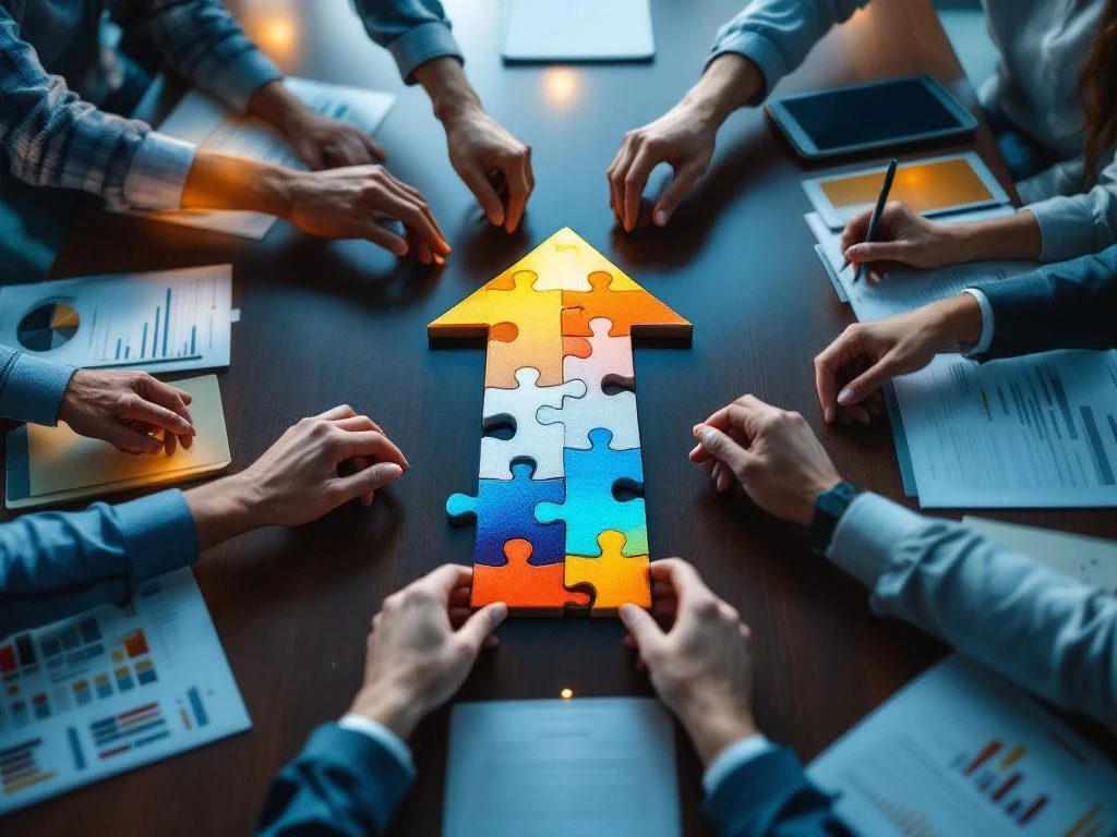 Diverse handen plaatsen kleurrijke puzzelstukken die een pijl naar boven vormen op moderne bestuurskamertafel