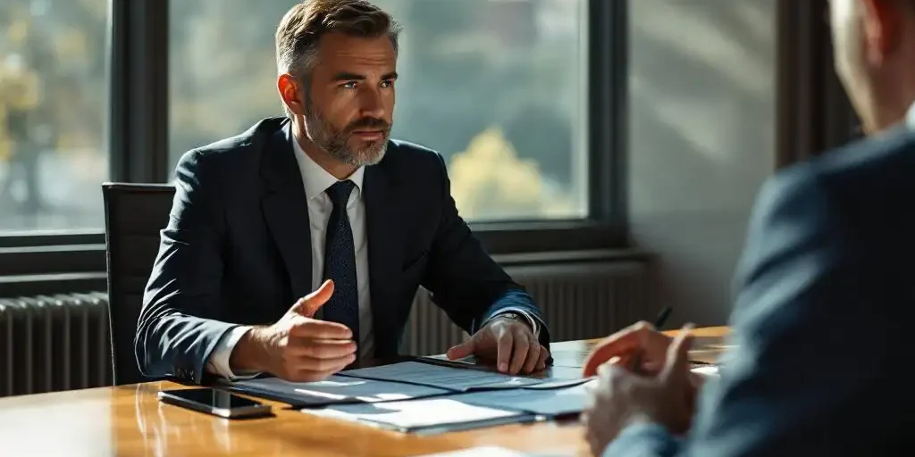 Zakelijke consultant in marineblauw pak bespreekt documenten met ondernemer aan vergadertafel in kantoor