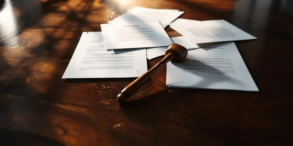 Lege leren stoel wordt weggetrokken van mahonie bestuurstafel met juridische documenten en houten hamer