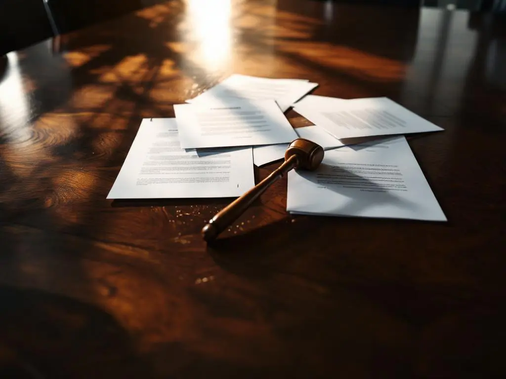 Lege leren stoel wordt weggetrokken van mahonie bestuurstafel met juridische documenten en houten hamer