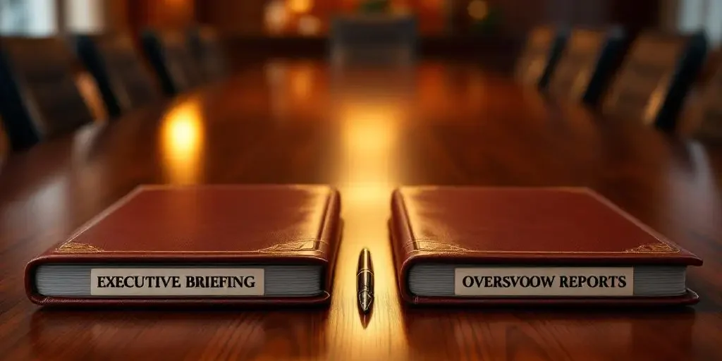 boardroom-mahonie-tafel-documenten-executief.jpg Mahonie bestuurstafel met leren documenten, uitvoerende mappen en toezichtsrapporten, vulpen, warme verlichting