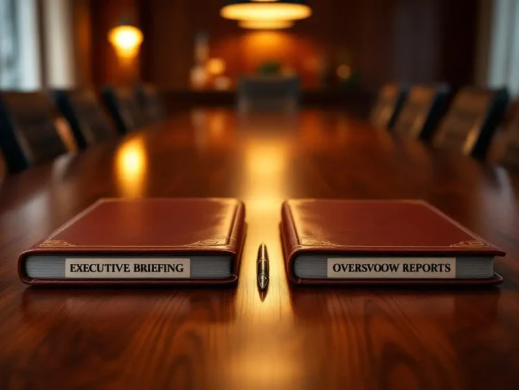 Mahonie bestuurstafel met leren documenten, uitvoerende mappen en toezichtsrapporten, vulpen, warme verlichting