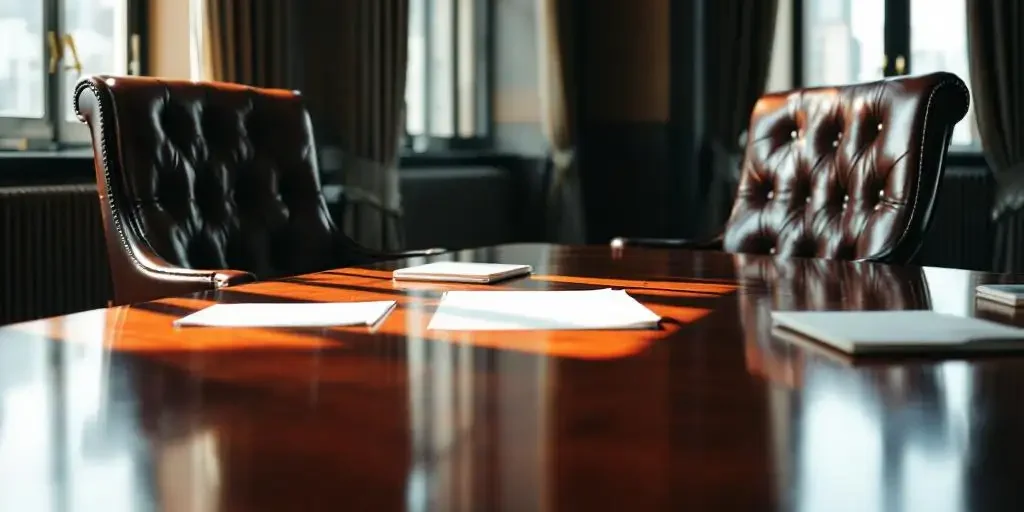 Mahonie bestuurstafel met twee leren stoelen en bedrijfsdocumenten in elegant verlichte vergaderruimte