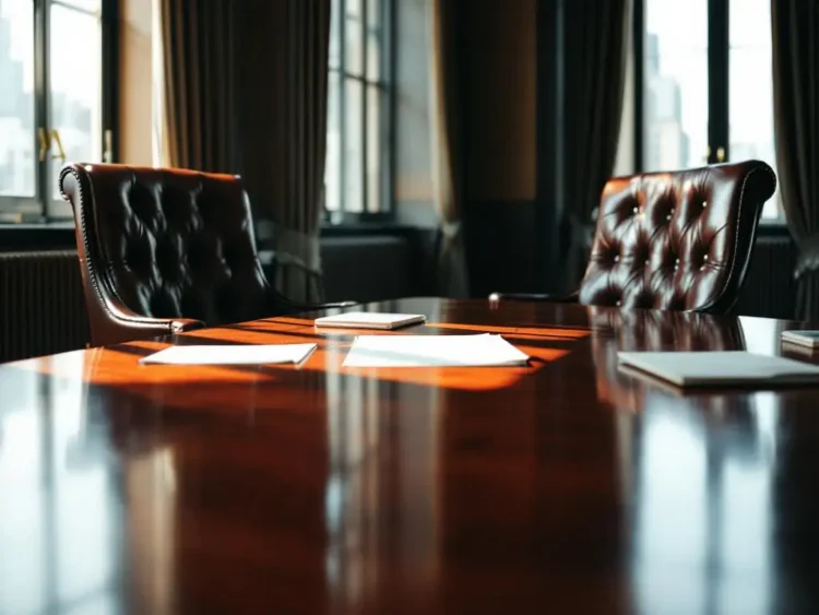 Mahonie bestuurstafel met twee leren stoelen en bedrijfsdocumenten in elegant verlichte vergaderruimte