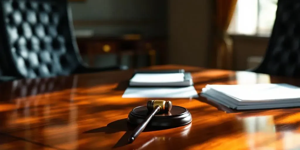 Mahonie bestuurstafel met twee leren stoelen, juridische documenten en koperen hamer in uitvoerende vergaderruimte