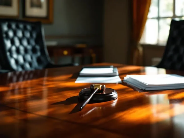 Mahonie bestuurstafel met twee leren stoelen, juridische documenten en koperen hamer in uitvoerende vergaderruimte