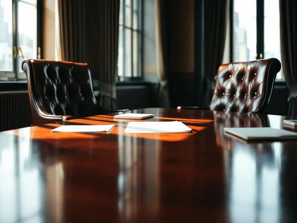 Mahonie bestuurstafel met twee leren stoelen en bedrijfsdocumenten in elegant verlichte vergaderruimte