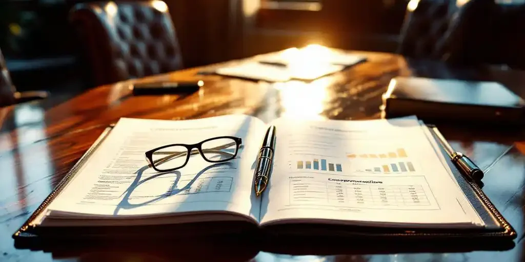 Mahonie vergadertafel met open leren portfolio, financiële documenten, vulpen en leesbril in directiekantoor