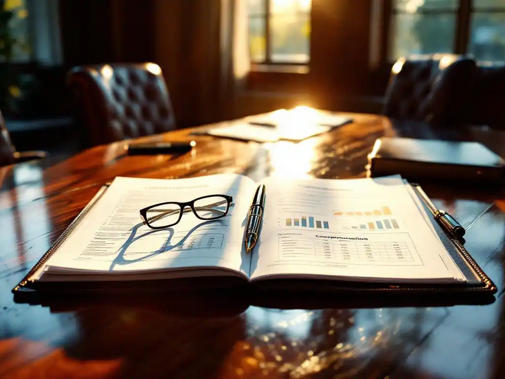 Mahonie vergadertafel met open leren portfolio, financiële documenten, vulpen en leesbril in directiekantoor