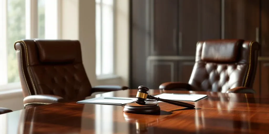 Mahonie bestuurstafel met twee leren stoelen, officiële documenten en hamer in professionele bedrijfsomgeving