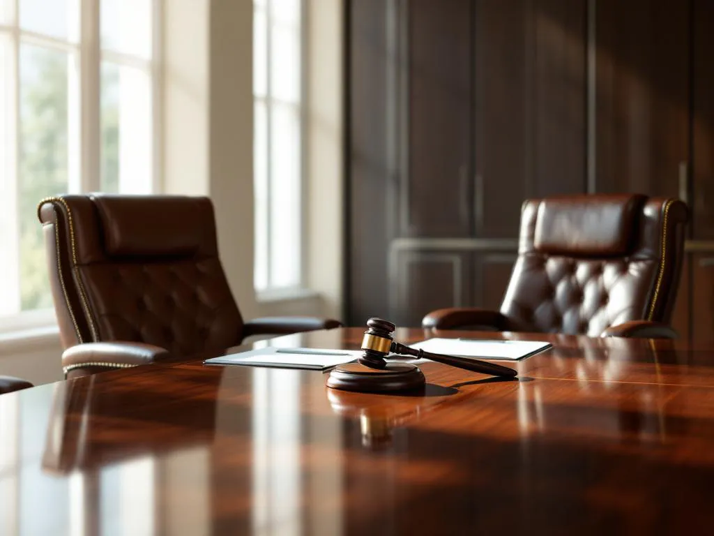 Mahonie bestuurstafel met twee leren stoelen, officiële documenten en hamer in professionele bedrijfsomgeving