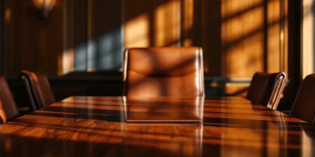 Lege directiestoel aan mahonie bestuurstafel met leren portfolio, warme verlichting door ramen, corporate kantooromgeving