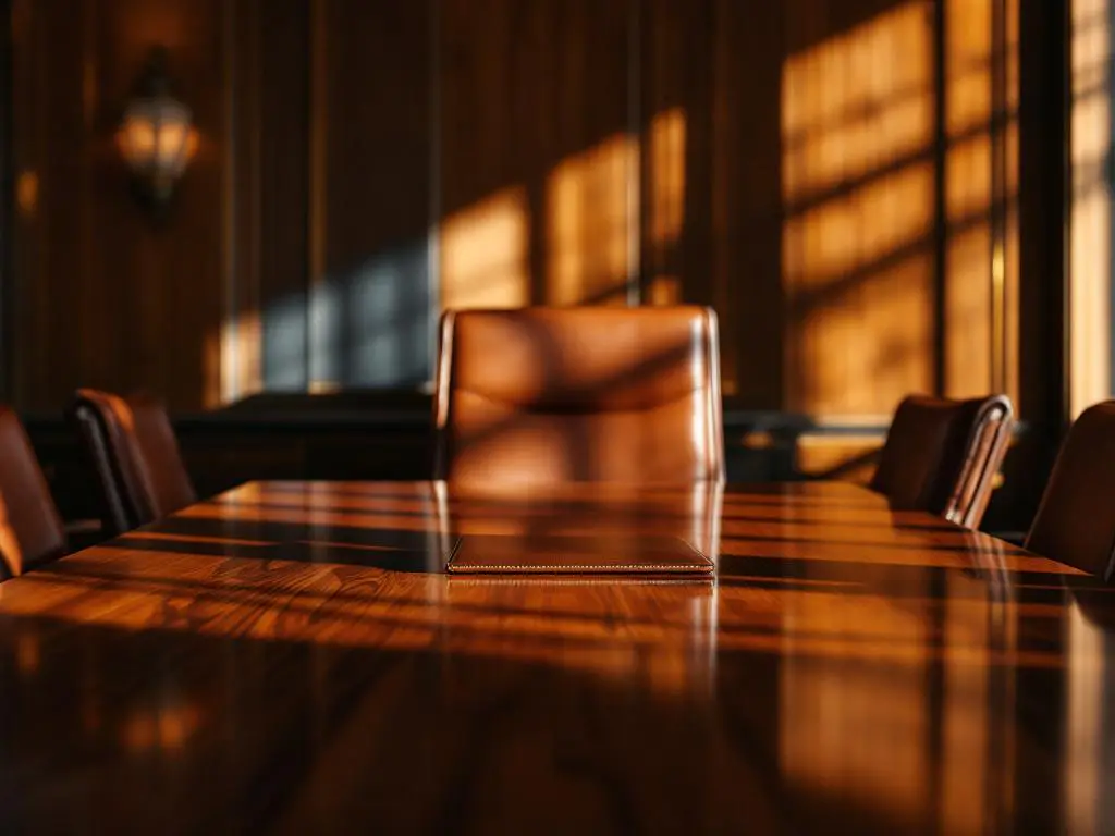 Lege directiestoel aan mahonie bestuurstafel met leren portfolio, warme verlichting door ramen, corporate kantooromgeving