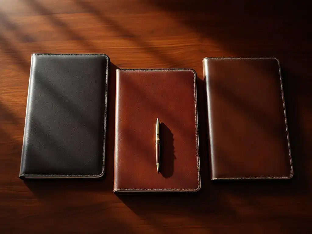 Drie leren portfolio's in driehoeksvorm op mahonie bestuurstafel met vulpen, professionele zakelijke setting