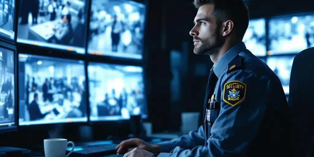 Beveiligingsbeambte in uniform controleert bewakingscamera's op meerdere monitoren in professioneel beveiligingskantoor