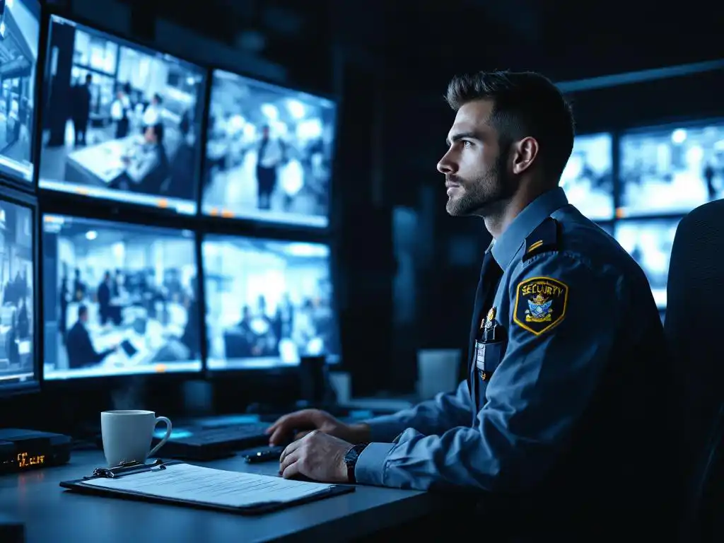 Beveiligingsbeambte in uniform controleert bewakingscamera's op meerdere monitoren in professioneel beveiligingskantoor