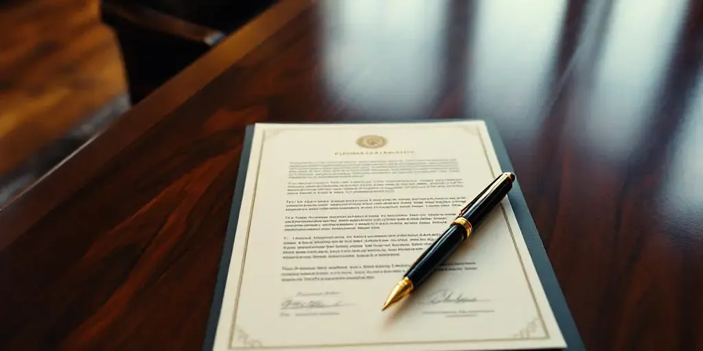 Mahonie bestuurstafel met vulpen op bedrijfsdocumenten, leren directiestoel, warme verlichting, bovenaanzicht