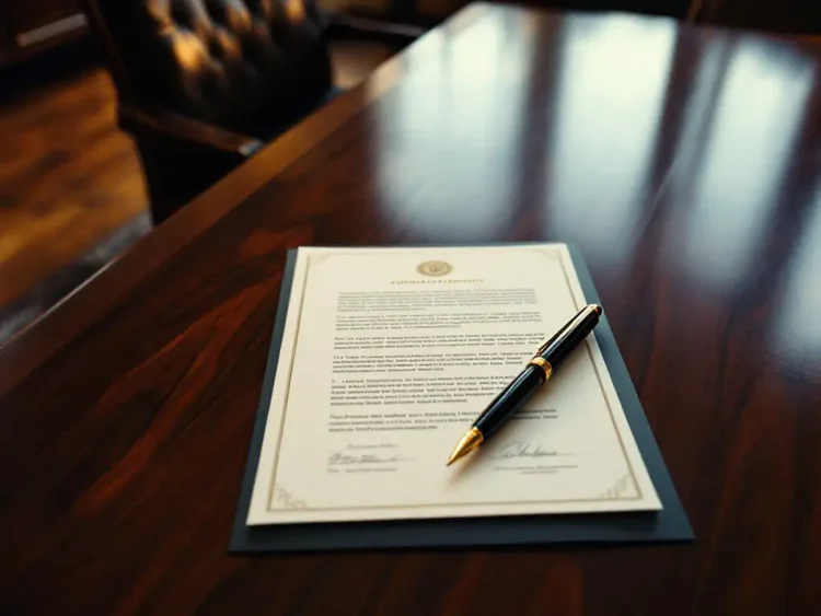 Mahonie bestuurstafel met vulpen op bedrijfsdocumenten, leren directiestoel, warme verlichting, bovenaanzicht