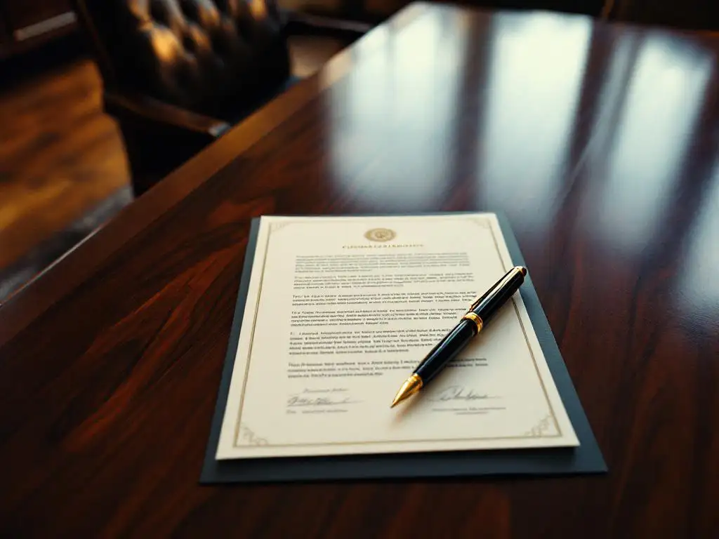 Mahonie bestuurstafel met vulpen op bedrijfsdocumenten, leren directiestoel, warme verlichting, bovenaanzicht