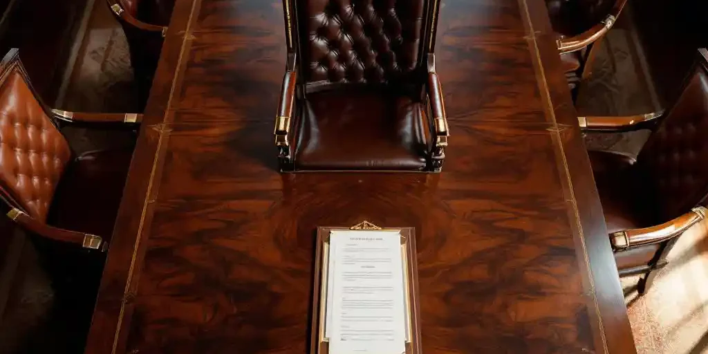 Bestuurskamer met mahonie tafel, leren stoelen en opvallende voorzittersstoel met documenten en gouden hamer