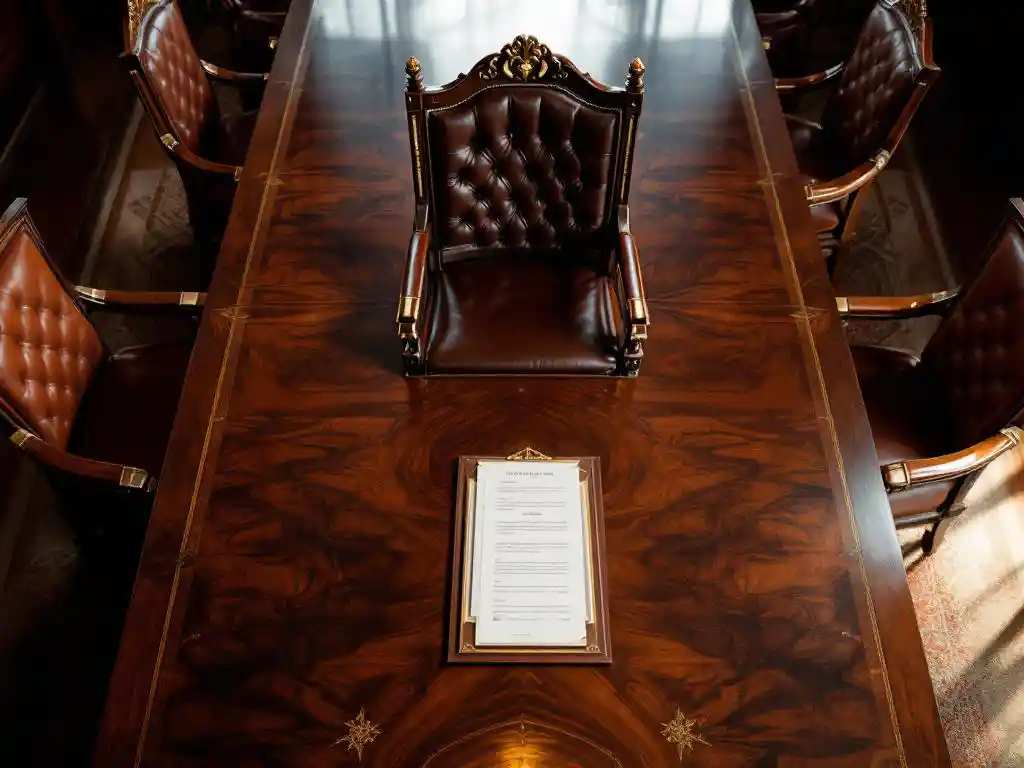 Bestuurskamer met mahonie tafel, leren stoelen en opvallende voorzittersstoel met documenten en gouden hamer