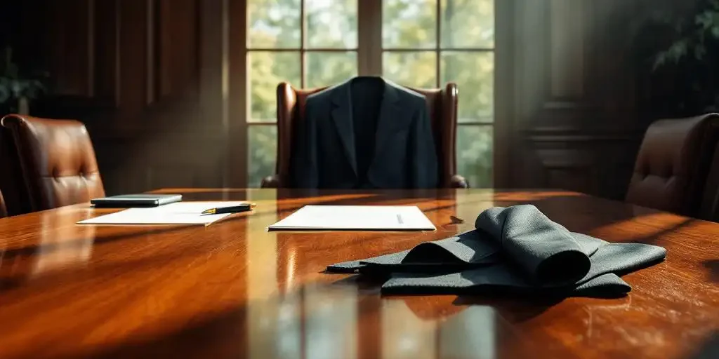 Lege leren directiestoel aan mahoniehout vergadertafel met pak en documenten, natuurlijk licht door ramen