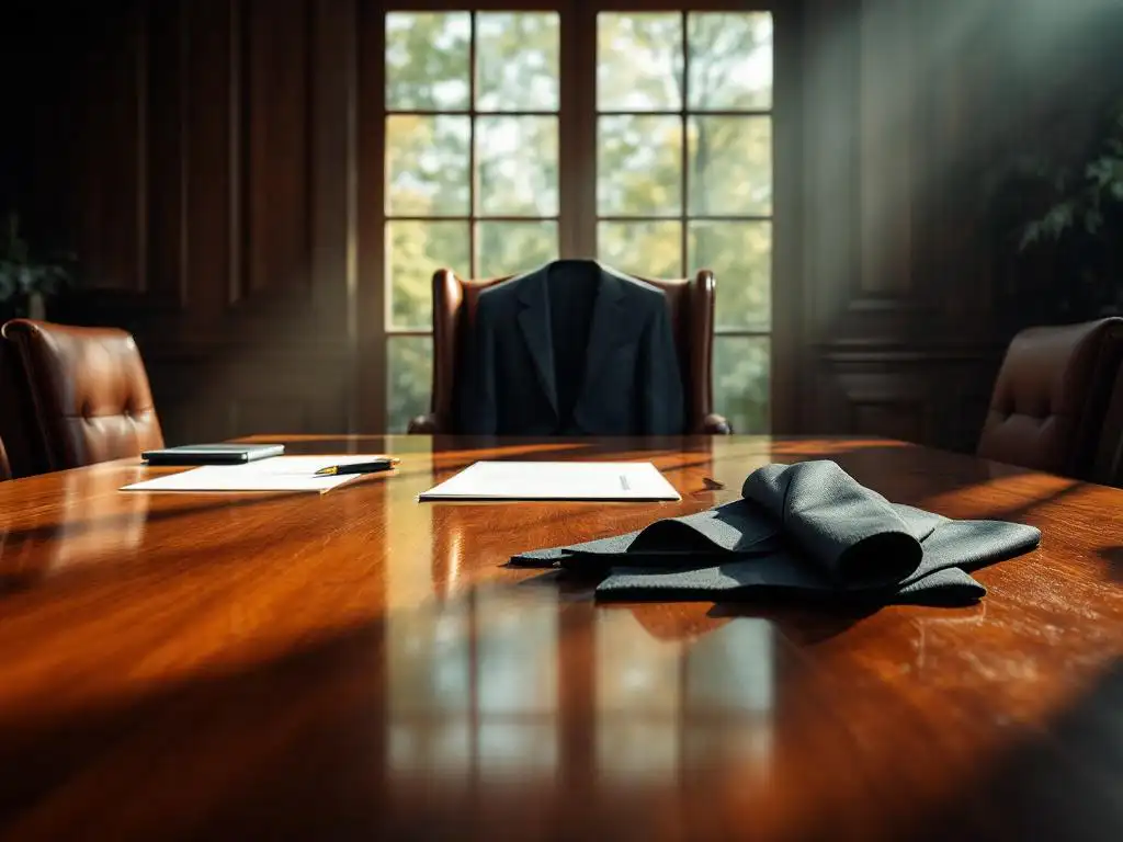 Lege leren directiestoel aan mahoniehout vergadertafel met pak en documenten, natuurlijk licht door ramen