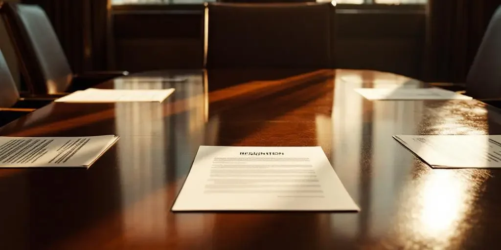 bestuurskamer-ontslag-brief-lege-stoel.jpg Ontslagbrief op mahonie bestuurstafel met lege leren stoel en verspreide documenten in kantooromgeving