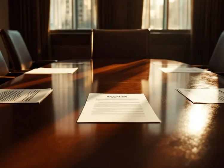 Ontslagbrief op mahonie bestuurstafel met lege leren stoel en verspreide documenten in kantooromgeving