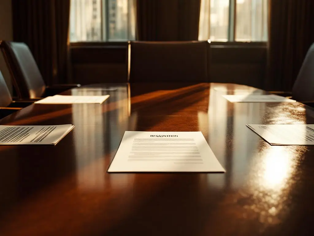 Ontslagbrief op mahonie bestuurstafel met lege leren stoel en verspreide documenten in kantooromgeving