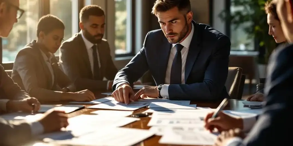 Supervisor in marineblauw pak bespreekt financiële rapporten met bestuurders rond vergadertafel in boardroom