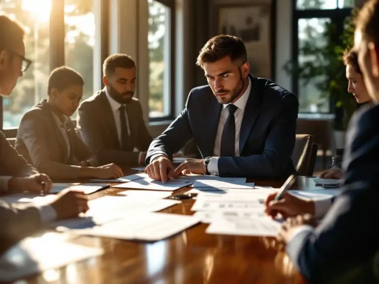 Supervisor in marineblauw pak bespreekt financiële rapporten met bestuurders rond vergadertafel in boardroom