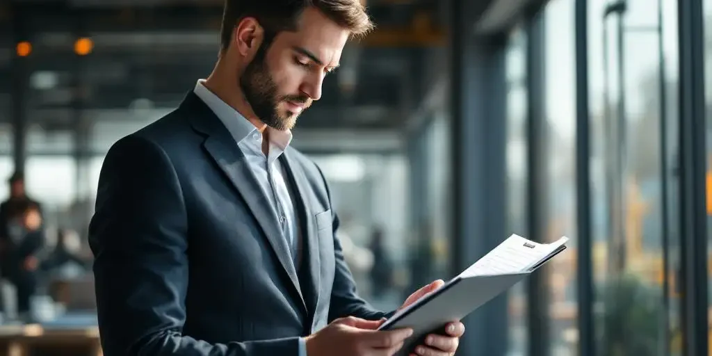 Professionele supervisor in pak controleert inspectiechecklist in modern kantoor met werknemers op achtergrond