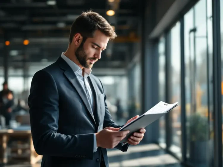Professionele supervisor in pak controleert inspectiechecklist in modern kantoor met werknemers op achtergrond