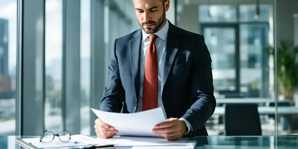 supervisor-kantoor-bureau-professioneel-leiderschap.jpg Professionele supervisor in pak bekijkt documenten aan glazen bureau in helder kantoor met grote ramen