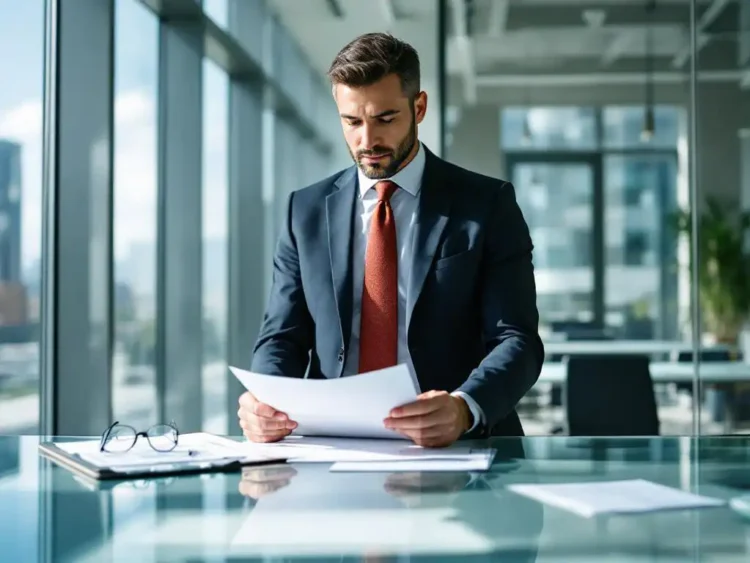 Professionele supervisor in pak bekijkt documenten aan glazen bureau in helder kantoor met grote ramen