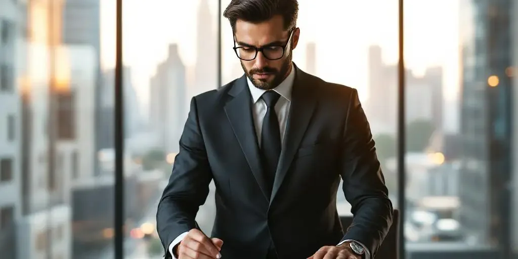 Professionele supervisor in pak bekijkt documenten aan glazen bureau in modern kantoor met stadsgezicht