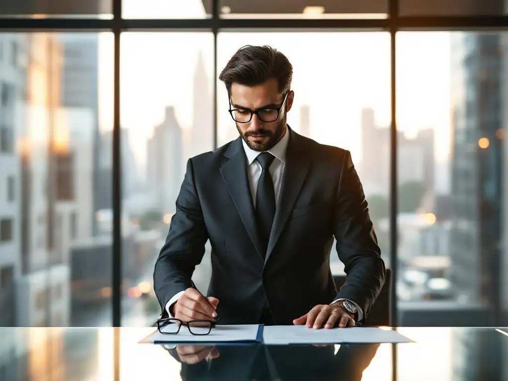 Professionele supervisor in pak bekijkt documenten aan glazen bureau in modern kantoor met stadsgezicht