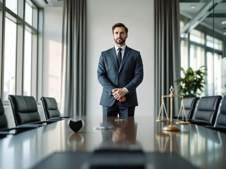 Professionele supervisor in pak staat zelfverzekerd in moderne vergaderruimte met symbolische objecten op tafel