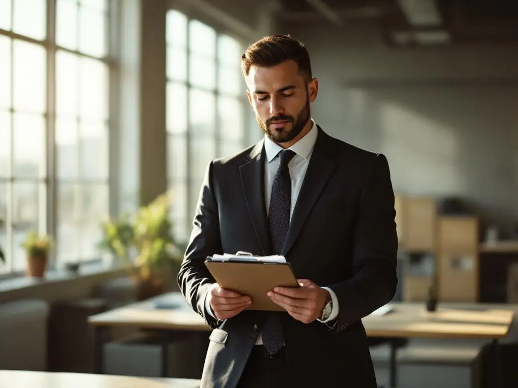 Professionele supervisor in pak bekijkt veiligheidsdocumentatie op klembord in modern kantoor met natuurlijk licht