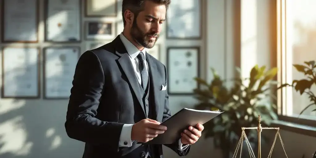 Professionele supervisor in pak bekijkt klembord in modern kantoor met certificaten aan de muur