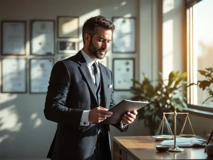 Professionele supervisor in pak bekijkt klembord in modern kantoor met certificaten aan de muur
