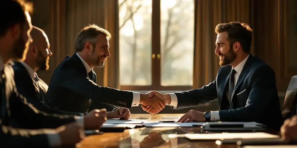 Zakelijke leidinggevende in marineblauw pak schudt handen met bestuurders aan vergadertafel tijdens formele benoeming