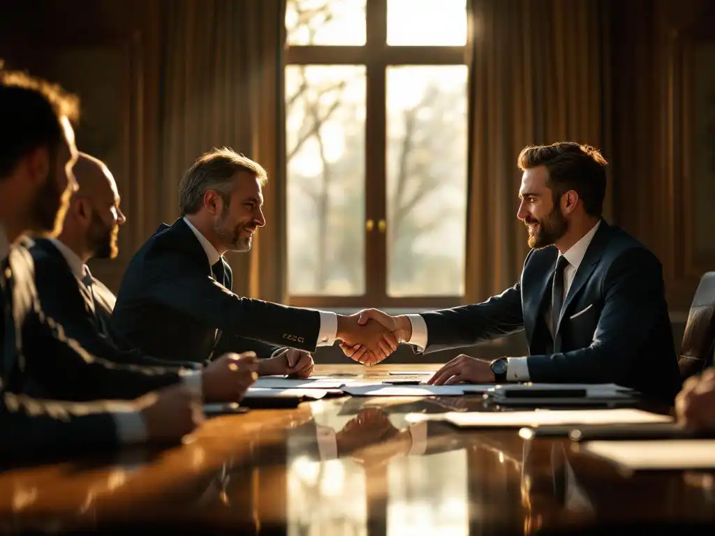 Zakelijke leidinggevende in marineblauw pak schudt handen met bestuurders aan vergadertafel tijdens formele benoeming