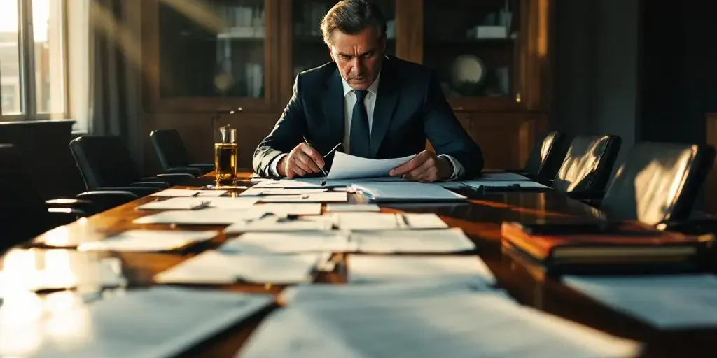 Zakenman in donker pak bekijkt compliance documenten met vergrootglas aan mahonie vergadertafel in kantoor