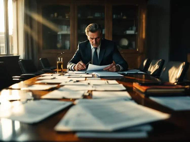 Zakenman in donker pak bekijkt compliance documenten met vergrootglas aan mahonie vergadertafel in kantoor