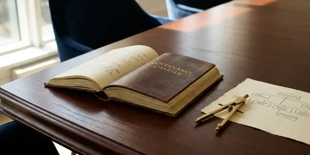 Opengeslagen leren governancecharter op mahonie vergadertafel, met kompas en hiërarchiediagram in dramatisch zijlicht.