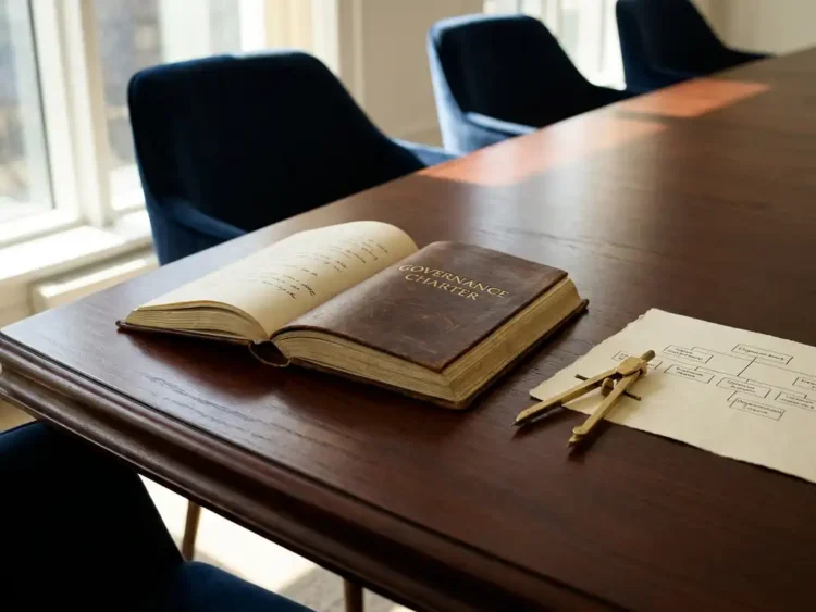 Opengeslagen leren governancecharter op mahonie vergadertafel, met kompas en hiërarchiediagram in dramatisch zijlicht.