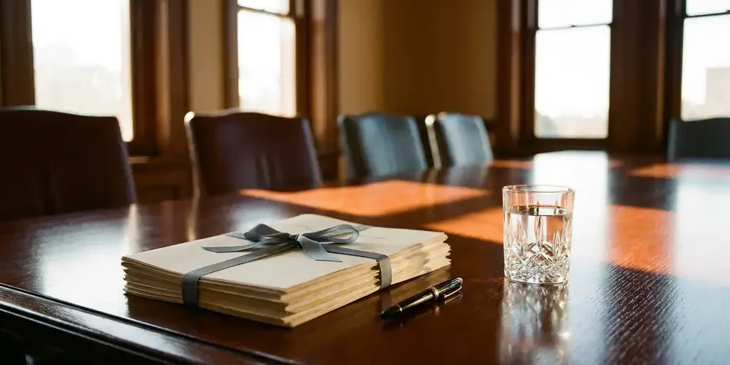 Gepolijste mahonie vergadertafel met stapel bestuursdocumenten en vulpen in warm middaglicht, lange schaduwen van hoge ramen.