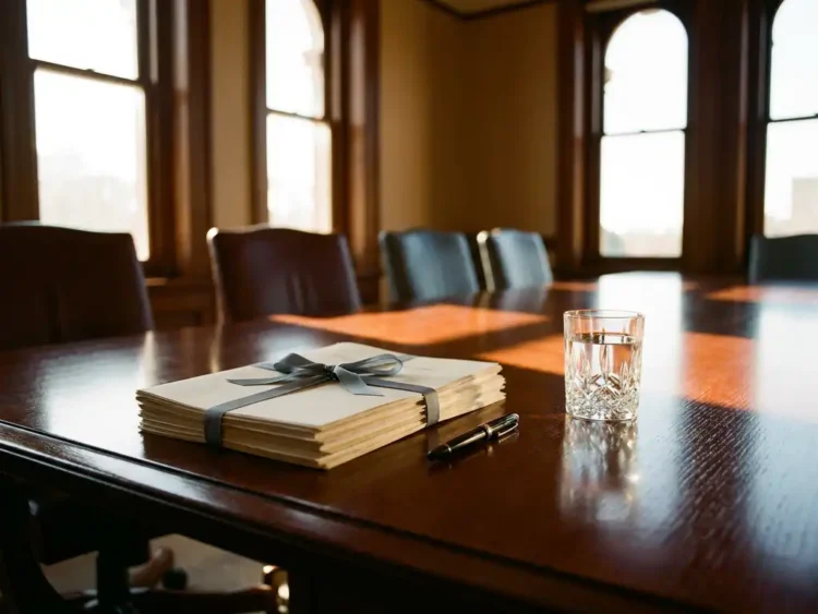 Gepolijste mahonie vergadertafel met stapel bestuursdocumenten en vulpen in warm middaglicht, lange schaduwen van hoge ramen.